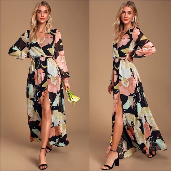 Lulus Wondrous Water Lilies Black Floral Print V-Neck‎ Slit Maxi Dress Sz Small - Picture 1 of 14